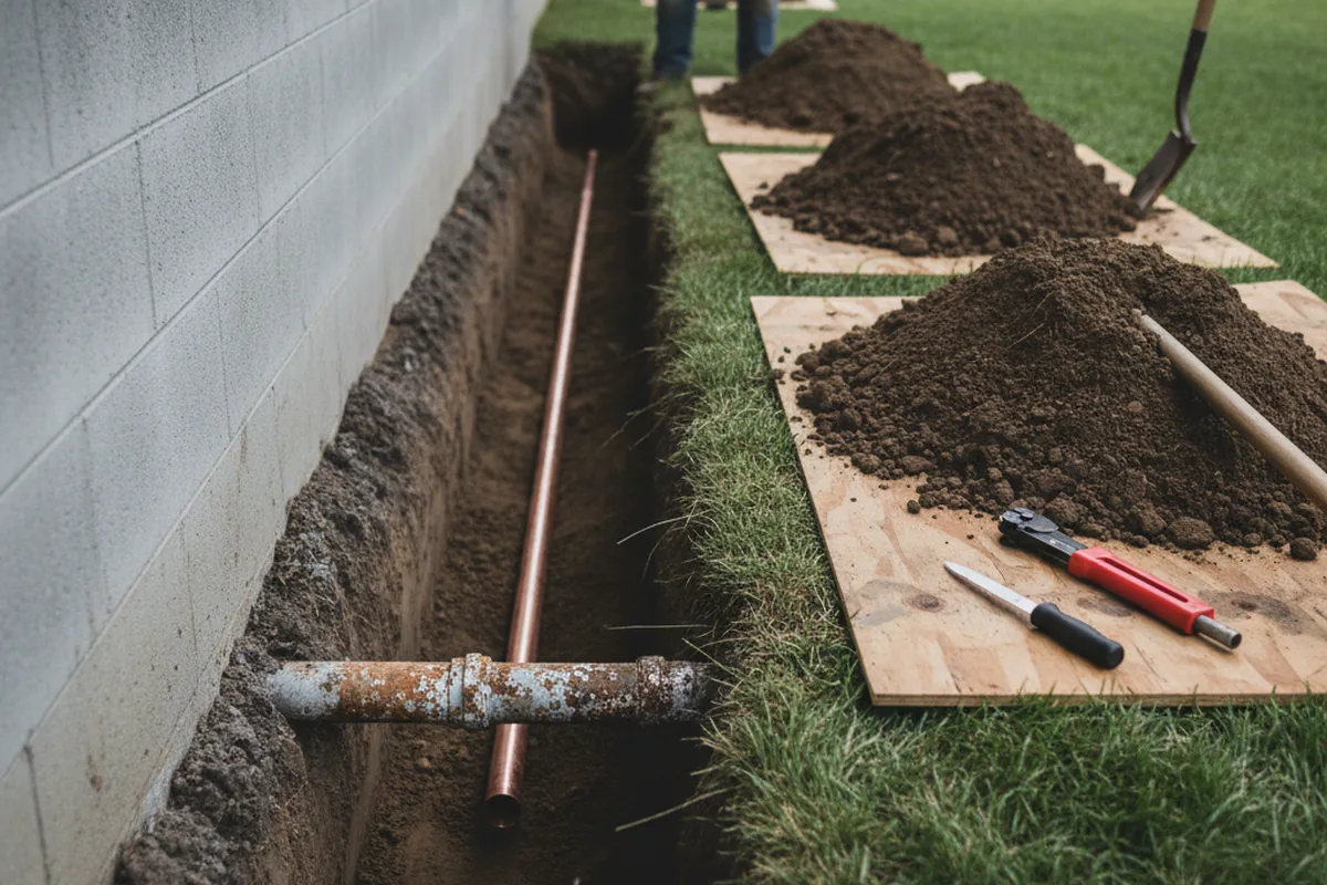 Excavated water line trench during Sewer Line Repair in Gilroy